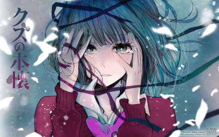 HD desktop wallpaper featuring Hanabi Yasuraoka from Kuzu no Honkai, with blue eyes, blue hair, and short hair, adorned in a winter scene with flying petals around her.