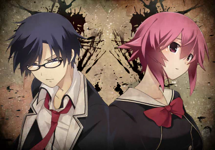 HD anime desktop wallpaper featuring two characters from ChaoS;Child with serious expressions against a grungy, textured background.