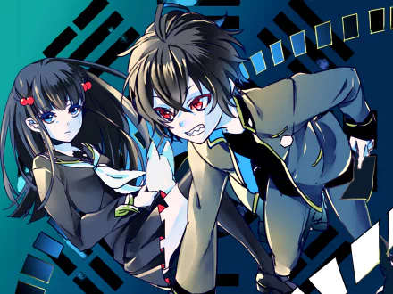 HD desktop wallpaper featuring characters from the anime Twin Star Exorcists. One character has red eyes and appears determined, while the other has long dark hair with red hair clips and looks serious.