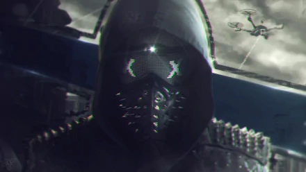 HD desktop wallpaper featuring a character in a spiked jacket and mask from Watch Dogs 2, with a drone flying in the background.