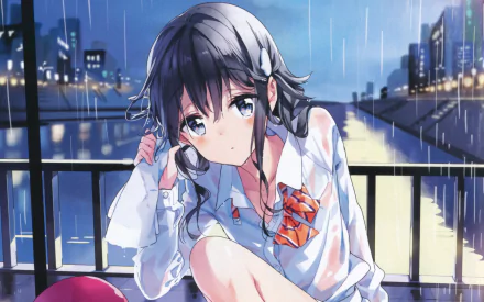 HD wallpaper from Masamune-kun's Revenge featuring Aki Adagaki, an anime character, sitting in the rain with a cityscape background.