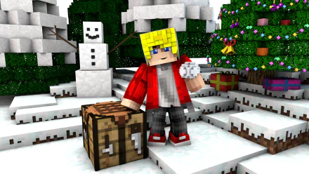 HD desktop wallpaper featuring a Minecraft character in a festive Christmas scene, with a decorated tree, gifts, a snowman, and snow-covered surroundings.