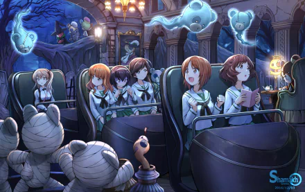Anime-style Girls und Panzer characters ride a spooky haunted house attraction with glowing ghosts and mummies, rendered in HD as a PC desktop wallpaper and background.