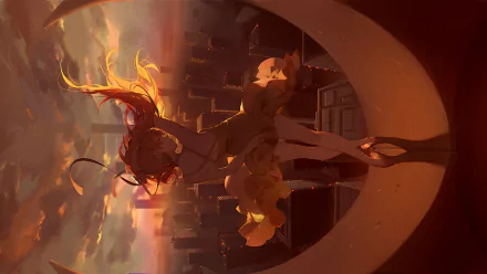 HD desktop wallpaper featuring Asuka Langley Sohryu from Neon Genesis Evangelion, set against a sunset cityscape background.