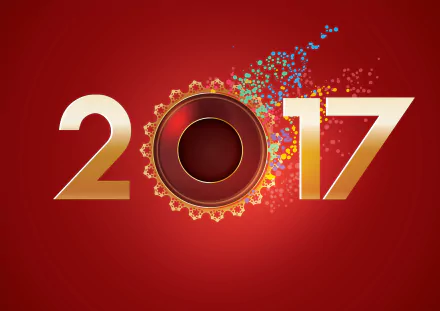 Colorful New Year 2017 holiday HD PC desktop wallpaper showing gold 2017 numerals on a red background with a decorative circular motif and confetti burst.