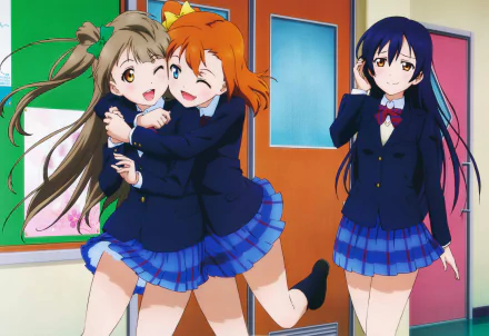 Anime scene from Love Live! featuring three schoolgirls in uniforms inside a classroom, rendered in vibrant 8K Ultra HD for PC desktop wallpaper and background.