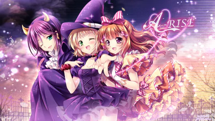 2K Quad HD Love Live! wallpaper showing anime characters Anju Yuuki, Erena Todo, and Tsubasa Kira — three cheerful girls in purple and pink stage outfits, one wearing a witch hat.