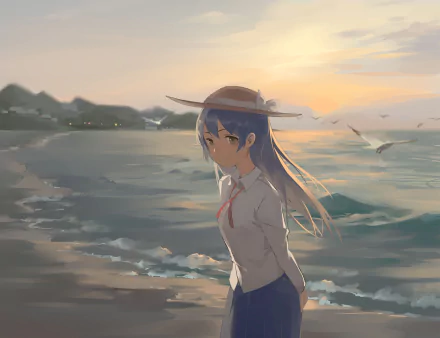 HD PC desktop wallpaper featuring Umi Sonoda from Love Live! standing by the beach at sunset with seagulls flying and waves gently crashing ashore.