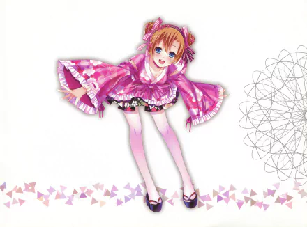 HD PC desktop wallpaper of Honoka Kousaka from the anime Love Live!, featuring her in a pink outfit with a playful pose on a minimalist white background.