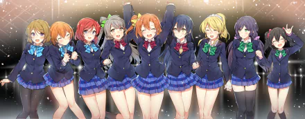 HD desktop wallpaper featuring Umi Sonoda, Rin Hoshizora, Nozomi Tojo, Nico Yazawa, Maki Nishikino, Kotori Minami, Honoka Kousaka, Hanayo Koizumi, and Eri Ayase from the anime Love Live!.