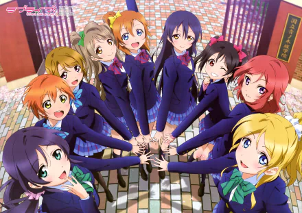 HD desktop wallpaper featuring Umi Sonoda, Rin Hoshizora, Nozomi Tojo, Nico Yazawa, Maki Nishikino, Kotori Minami, Honoka Kousaka, Hanayo Koizumi, and Eri Ayase from the anime Love Live!.