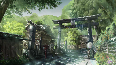 HD anime wallpaper featuring a sunlit shrine surrounded by lush greenery and traditional wooden structures.