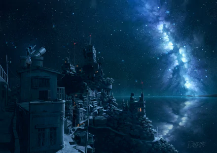 Anime-style HD wallpaper featuring a serene night scene with a detailed townscape under a starry sky, including a view of the Milky Way.