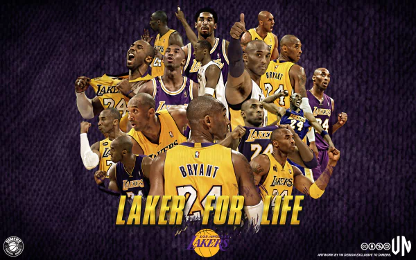 HD desktop wallpaper featuring a collage of Kobe Bryant in various poses with LAKER 4 LIFE text, showcasing his career with the Los Angeles Lakers.