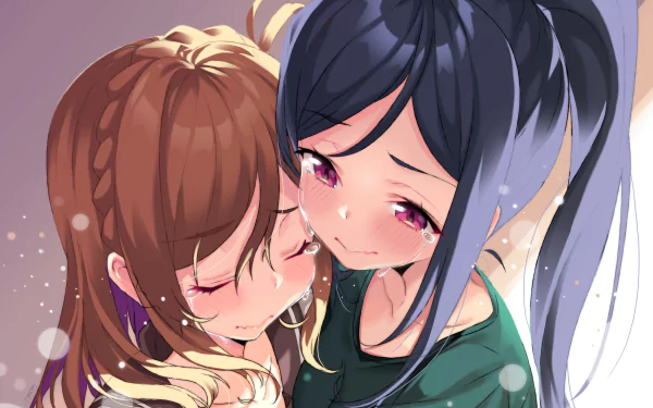Close-up of Kanan Matsuura and Hanamaru Kunikida from Love Live! Sunshine!!, blushing and leaning together in a soft, romantic 2K Quad HD anime PC desktop wallpaper.