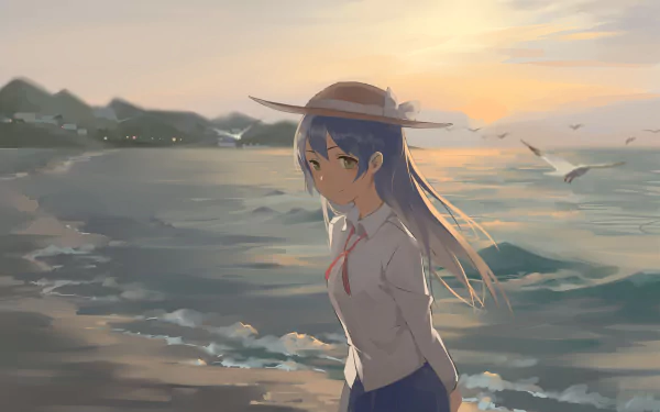 HD PC desktop wallpaper featuring Umi Sonoda from Love Live! standing by the beach at sunset with seagulls flying and waves gently crashing ashore.