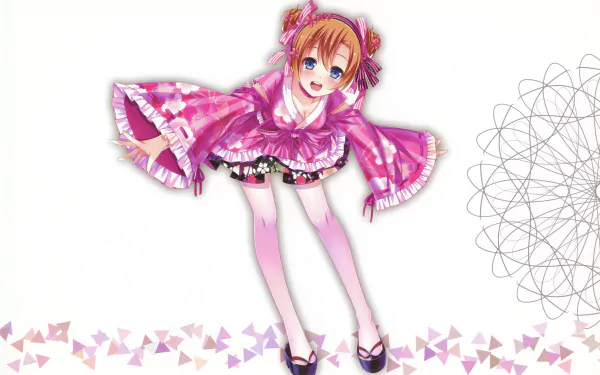 HD PC desktop wallpaper of Honoka Kousaka from the anime Love Live!, featuring her in a pink outfit with a playful pose on a minimalist white background.