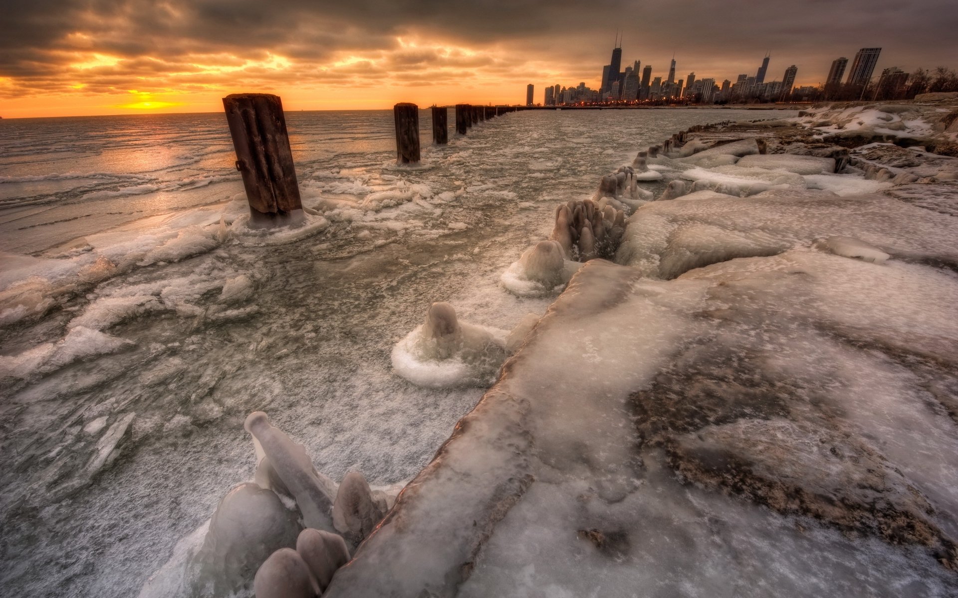 Download Sunset Frozen Lake Winter Man Made Chicago Winter Sunset HD Wallpaper