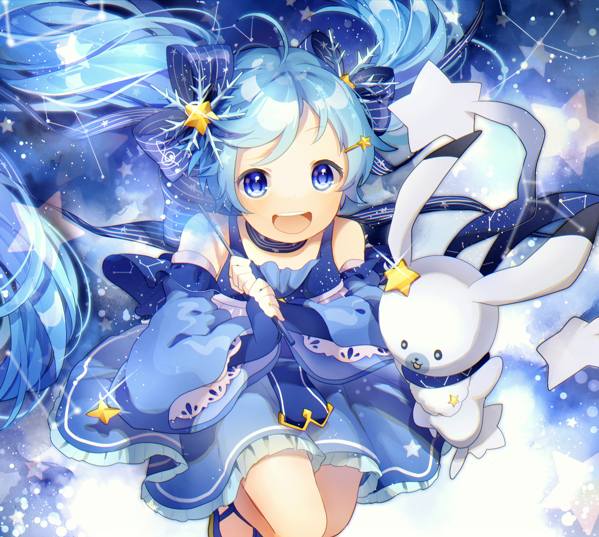 HD anime desktop wallpaper featuring Hatsune Miku in a starry, blue-themed Vocaloid design with a cheerful expression and a white bunny companion.