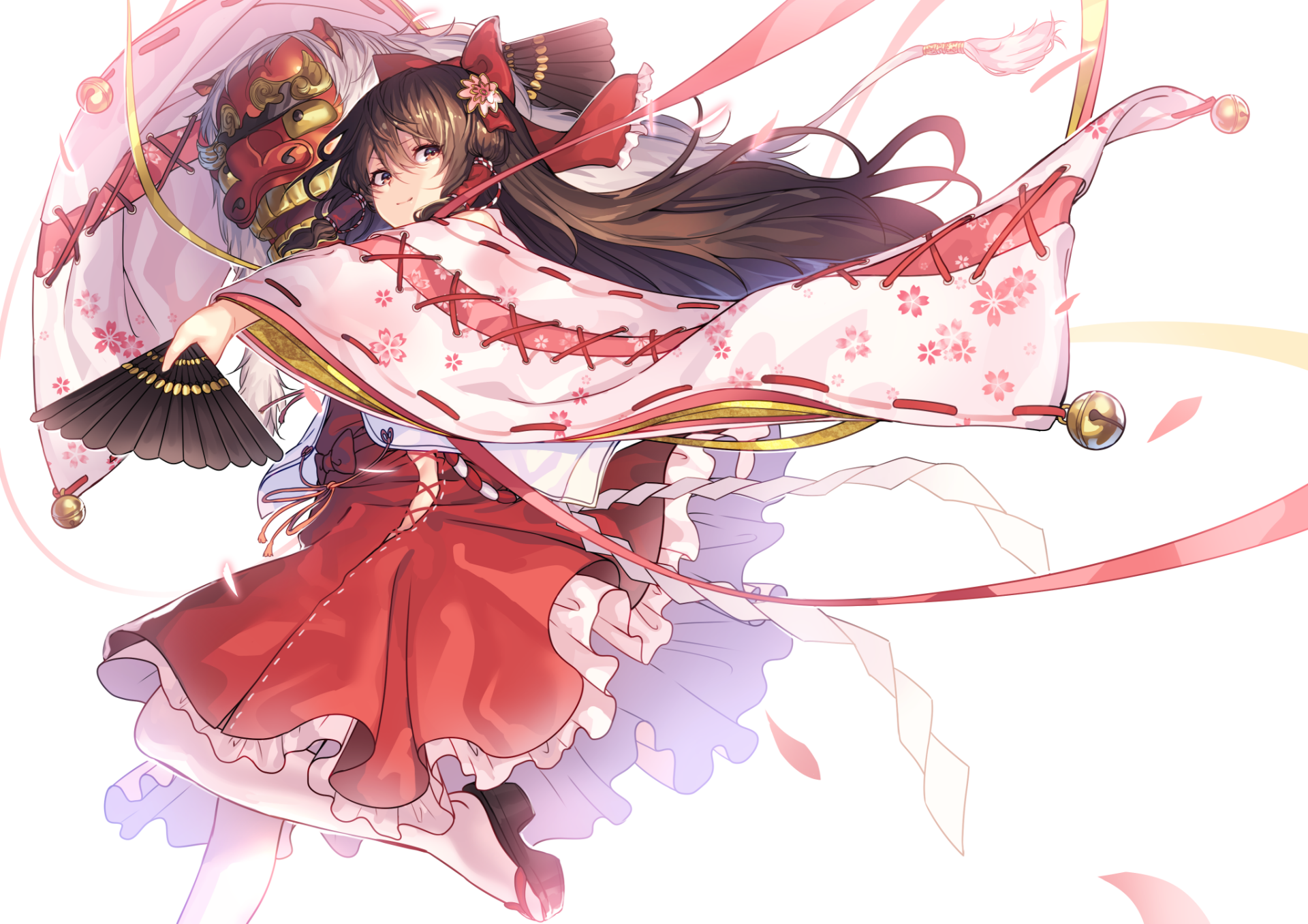 HD PC desktop wallpaper of Reimu Hakurei (Touhou) — anime shrine maiden in flowing red-and-white robes, holding a fan while ribbons and cherry blossom petals swirl on a bright white background.