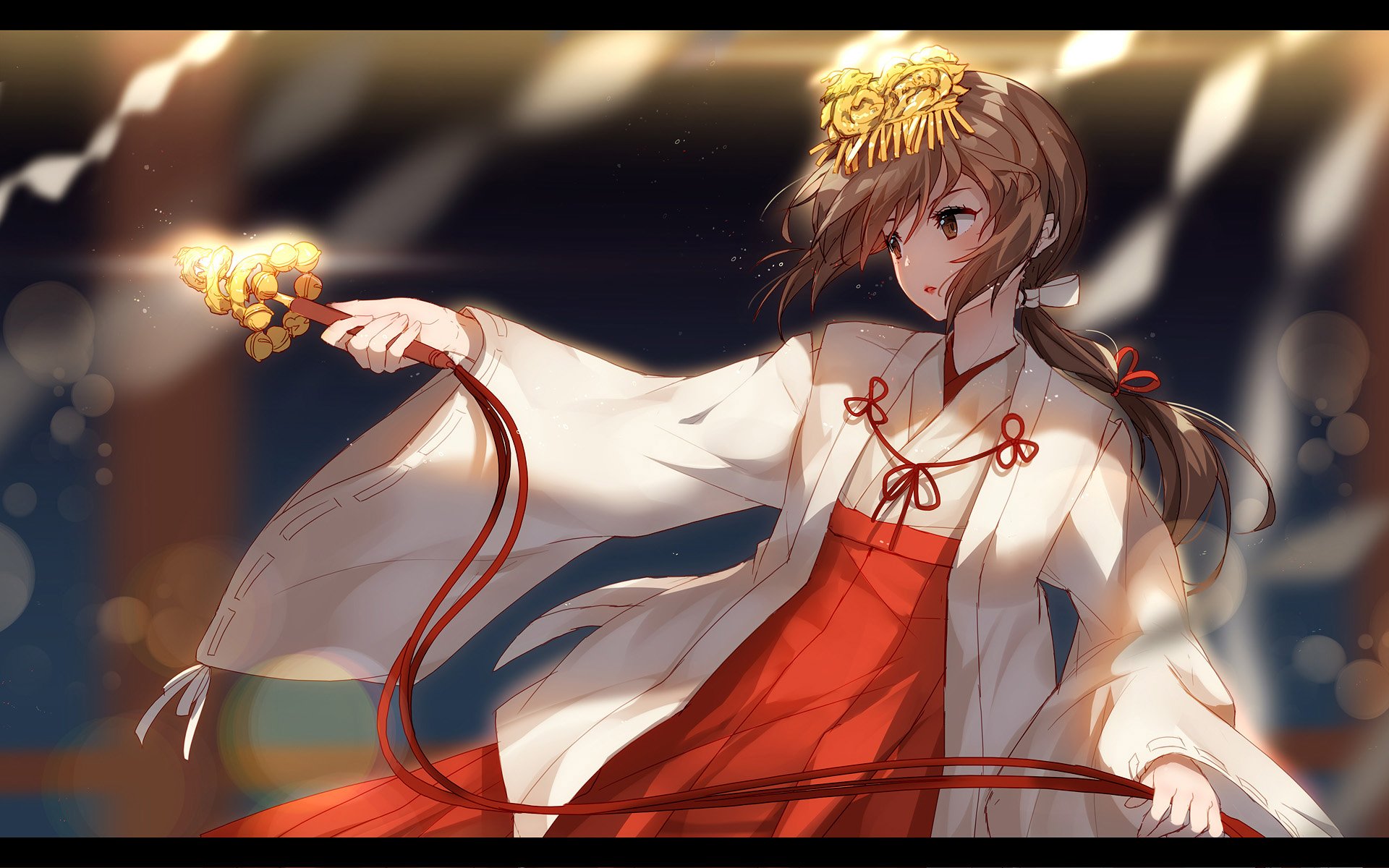 HD desktop wallpaper of an anime scene from Your Name, featuring a character in traditional Japanese attire holding a glowing object, set against a blurred, luminous background.
