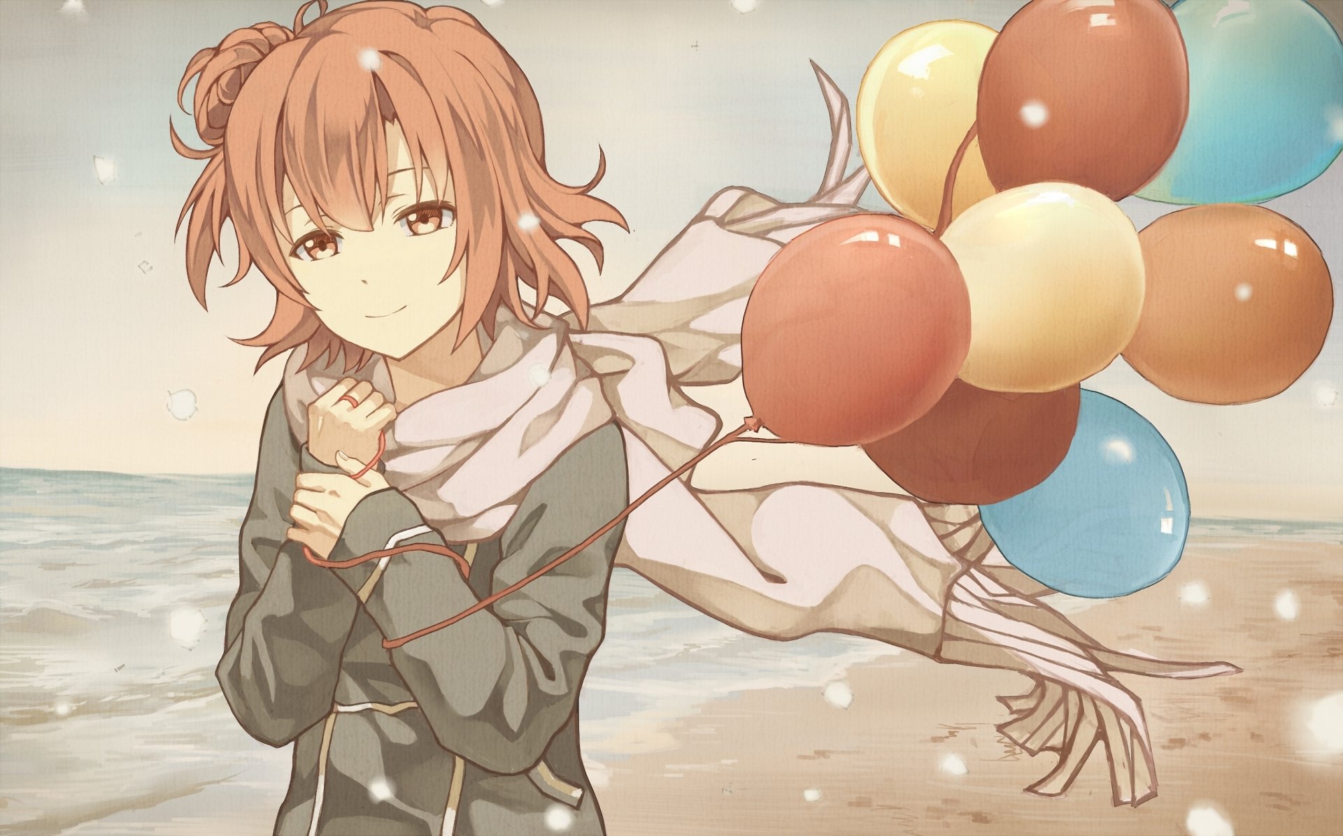 HD anime wallpaper featuring a character from My Teen Romantic Comedy SNAFU holding colorful balloons by the seaside, with wind blowing her scarf and hair.
