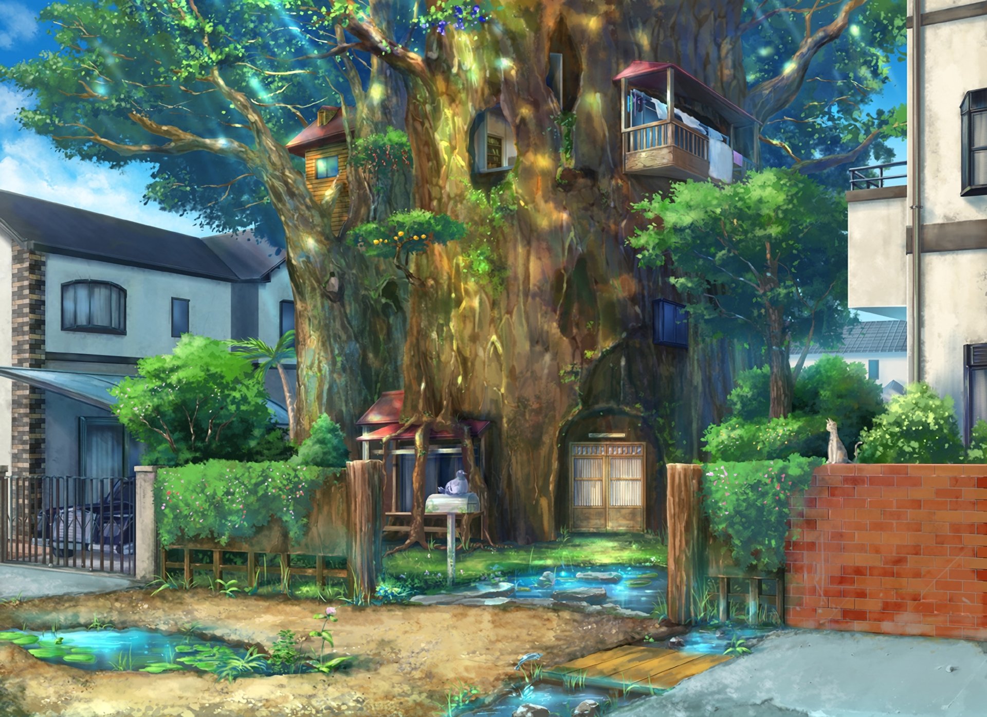HD anime-style original desktop wallpaper depicting a large, intricate treehouse surrounded by quaint houses and lush greenery in a peaceful neighborhood.