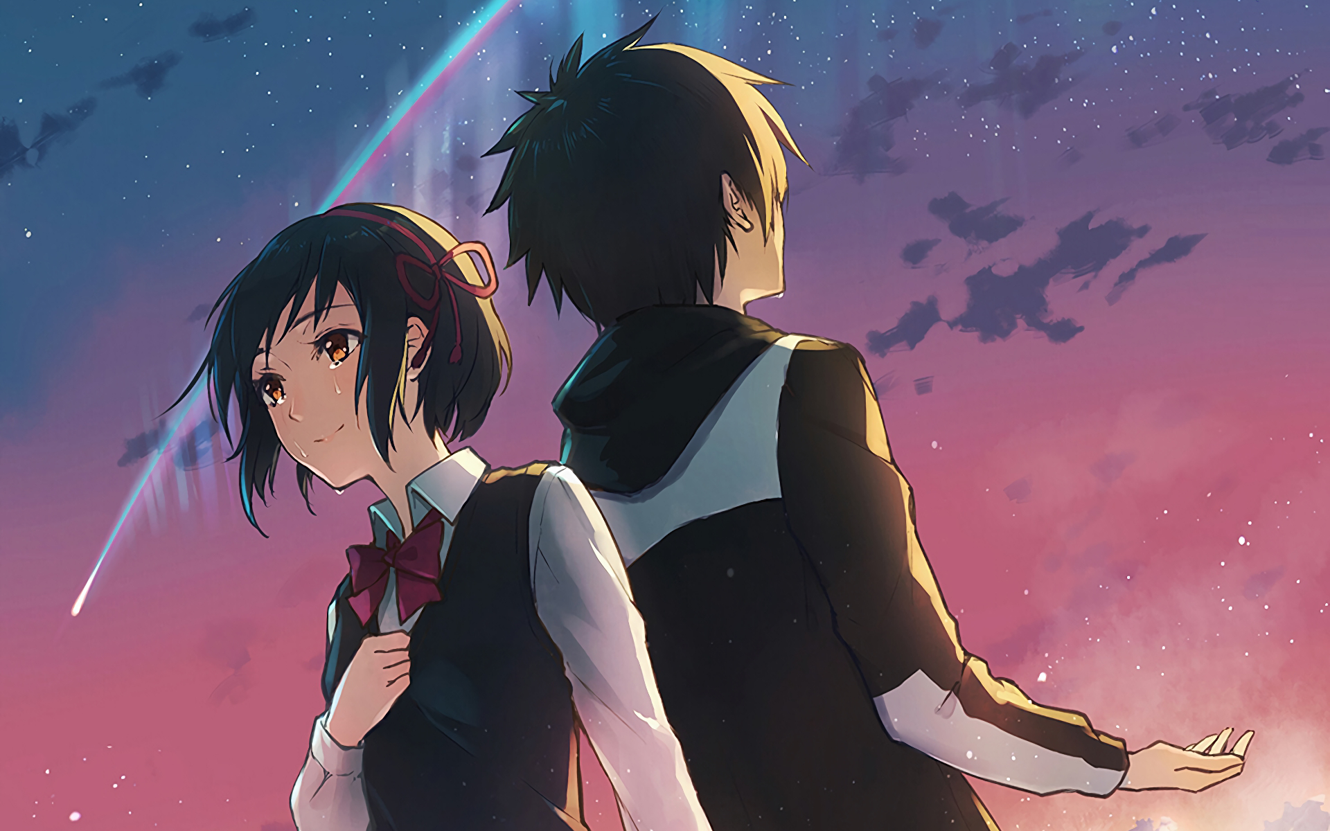 HD wallpaper featuring Taki Tachibana and Mitsuha Miyamizu from the anime Your Name. They stand back-to-back under a colorful twilight sky with a comet streaking through.