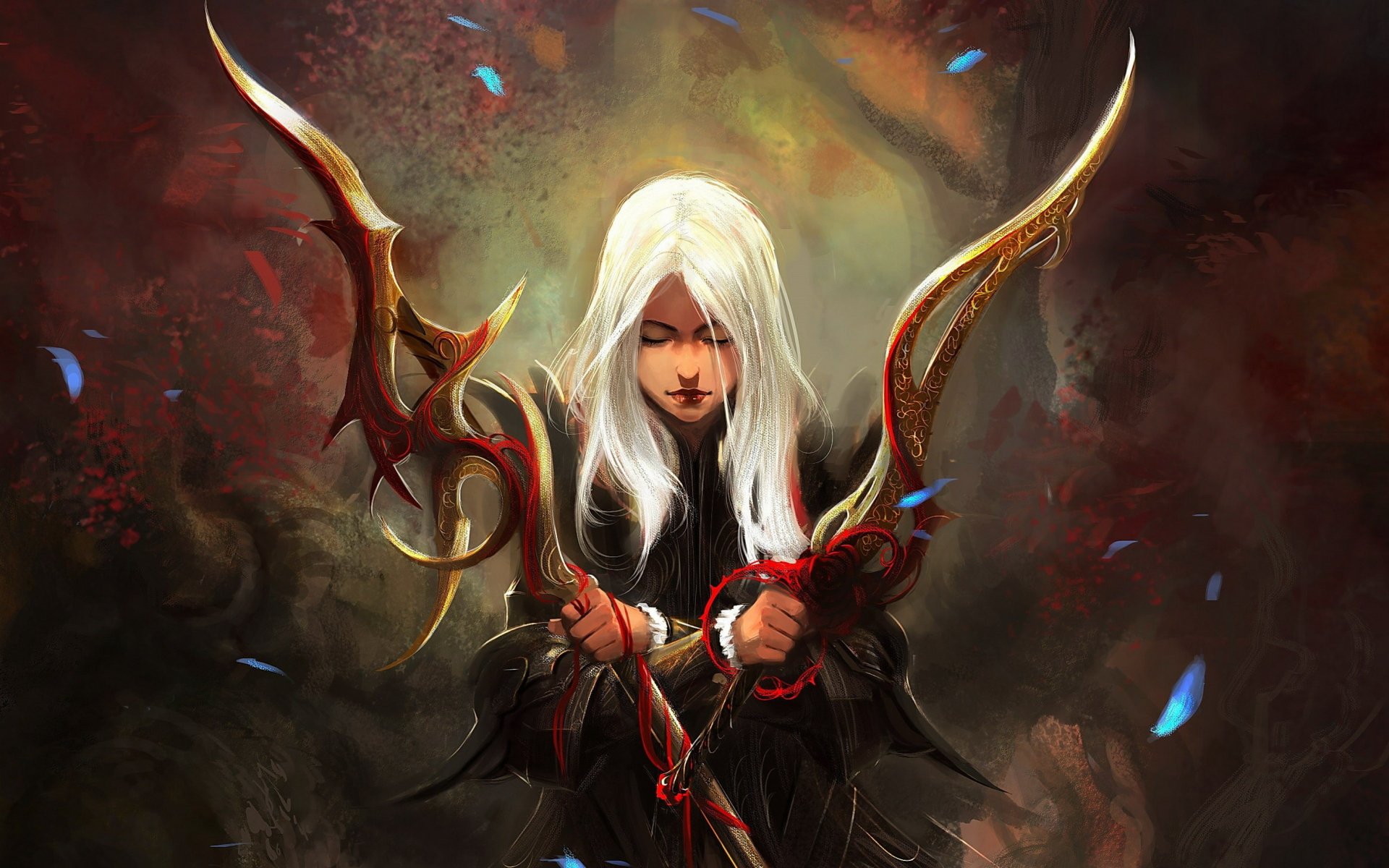 A high-definition desktop wallpaper featuring a fantasy woman warrior with white hair, holding a unique, elaborately designed dagger amidst a dramatic and dark background.