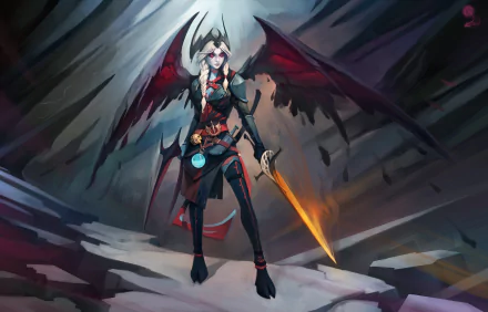 Vengeful Spirit from DotA 2: white-haired winged angel warrior wielding a glowing sword, dramatic 8K Ultra HD video game PC desktop wallpaper.