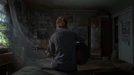 Ellie from The Last of Us Part II plays guitar in a dimly lit room, surrounded by posters and personal items, creating an intimate atmosphere in this HD desktop wallpaper.
