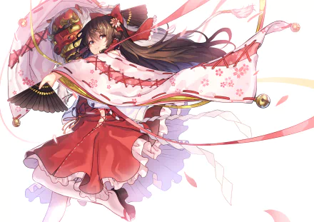 HD PC desktop wallpaper of Reimu Hakurei (Touhou) — anime shrine maiden in flowing red-and-white robes, holding a fan while ribbons and cherry blossom petals swirl on a bright white background.