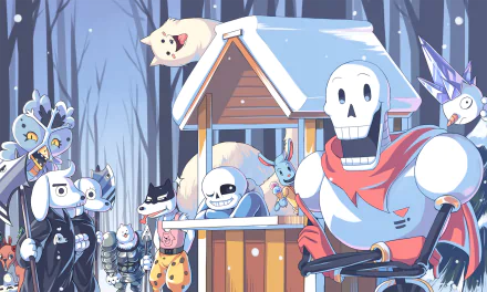 HD desktop wallpaper featuring characters from Undertale, including Ice Cap, Nice Cream Guy, Gyftrot, Snowdrake, Jerry, Doggo, Greater Dog, Dogaressa, Dogamy, Lesser Dog, Sans, and Papyrus in a snowy forest setting.