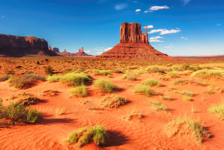HD desktop wallpaper featuring a stunning desert landscape in Monument Valley, Arizona, USA. The horizon reveals red sand and iconic rock formations under a clear blue sky.