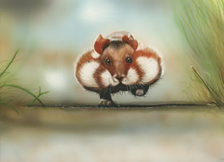A high-definition painting of a cute hamster with full cheeks, against a blurred natural background. This image is a charming desktop wallpaper and background.