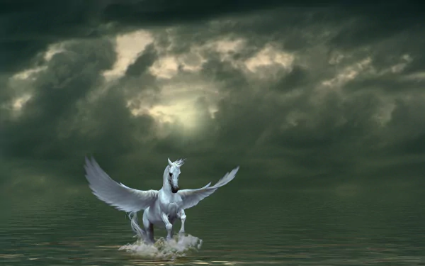 A breathtaking HD fantasy wallpaper featuring a majestic Pegasus standing in water under a dramatic, cloudy sky.