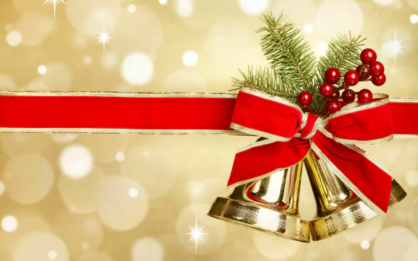Christmas-themed 4K Ultra HD desktop wallpaper featuring golden bells, red berries, a red ribbon, and pine sprigs against a sparkling golden background.