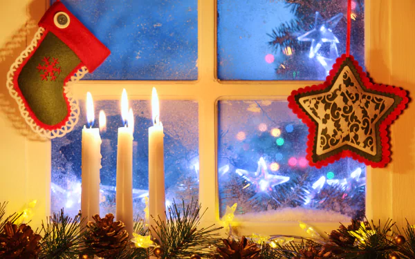 A cozy Christmas scene with lit candles, pine cones, holiday ornaments, a stocking, and a glowing star hanging by a frosted window, captured in 4K Ultra HD.
