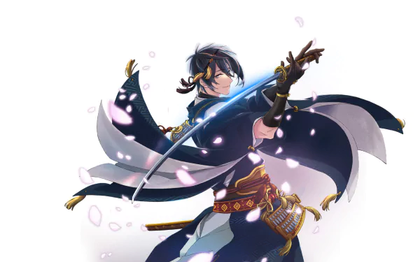 HD PC desktop wallpaper of Mikazuki Munechika from Touken Ranbu, featuring dynamic anime art with flowing garments and cherry blossom petals.
