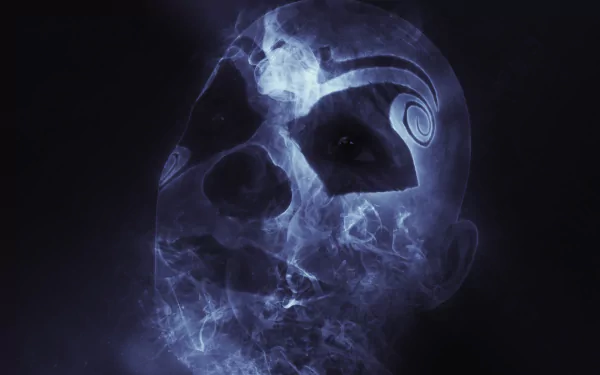HD desktop wallpaper featuring a mystical, dark-themed clown face with eerie blue smoke effects, set against a pitch-black background.
