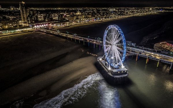 Man Made The Hague Cities Netherlands Night Coastline Light Ferris Wheel Pier Building HD Wallpaper | Background Image