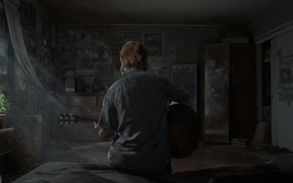 Ellie from The Last of Us Part II plays guitar in a dimly lit room, surrounded by posters and personal items, creating an intimate atmosphere in this HD desktop wallpaper.