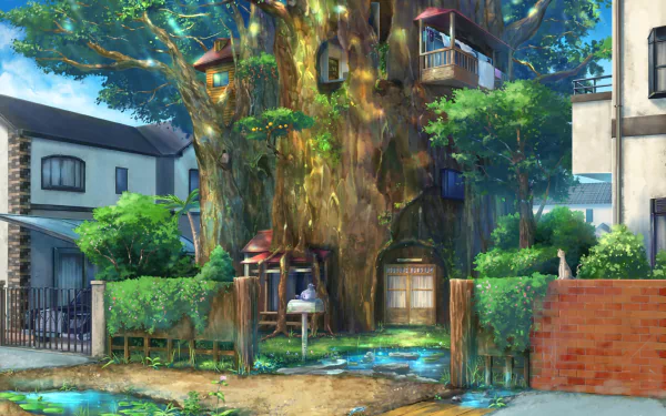 HD anime-style original desktop wallpaper depicting a large, intricate treehouse surrounded by quaint houses and lush greenery in a peaceful neighborhood.