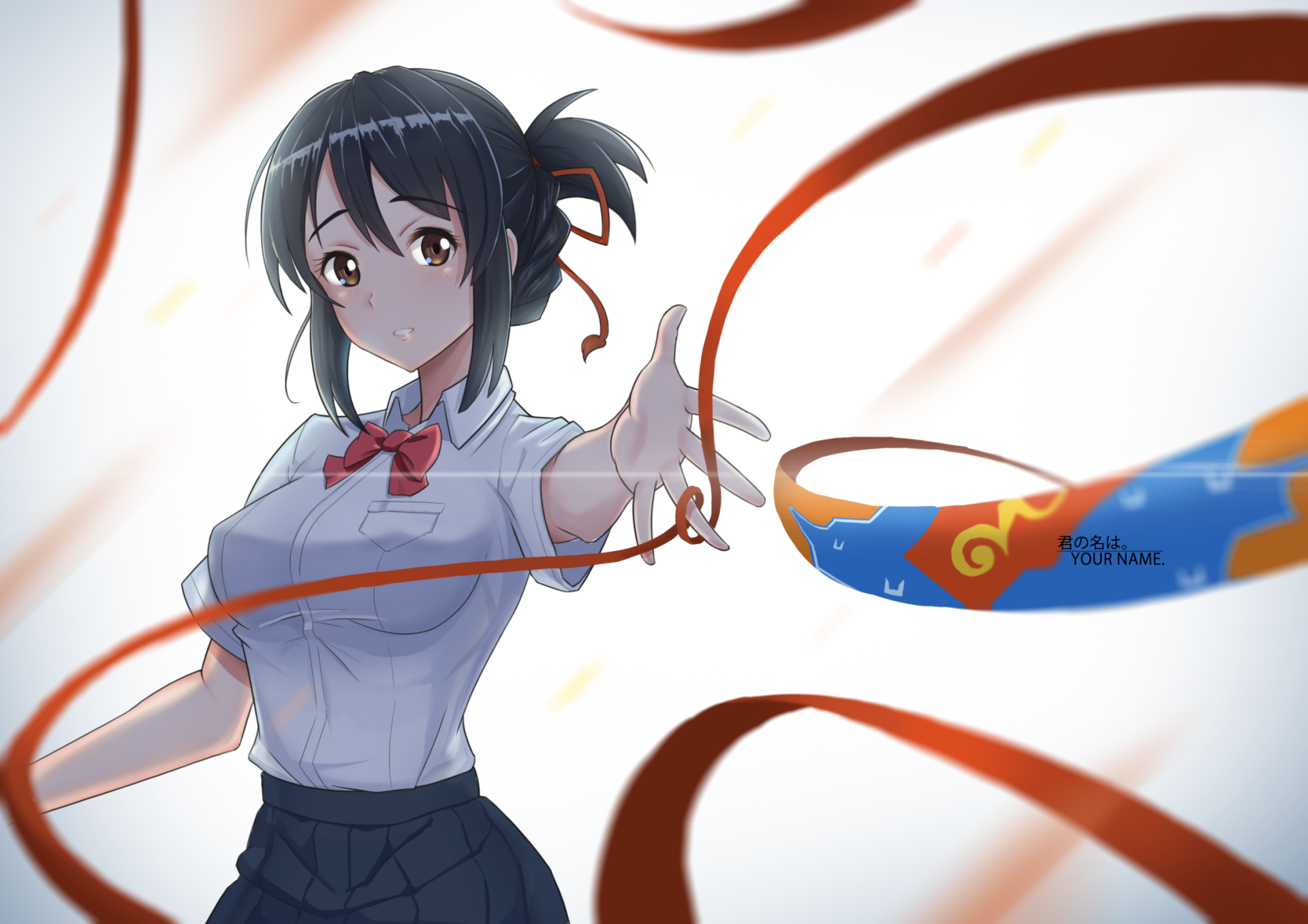 HD anime desktop wallpaper featuring Mitsuha Miyamizu from Your Name., with flowing red ribbons and soft lighting creating a serene atmosphere.