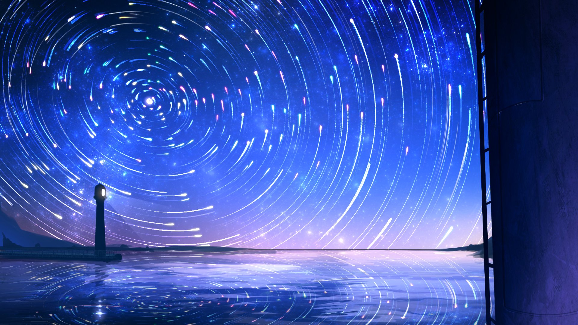 Starry night sky with swirling stars over a tranquil sea, featuring an anime-style art. A lighthouse stands on the left horizon. HD desktop wallpaper and background.