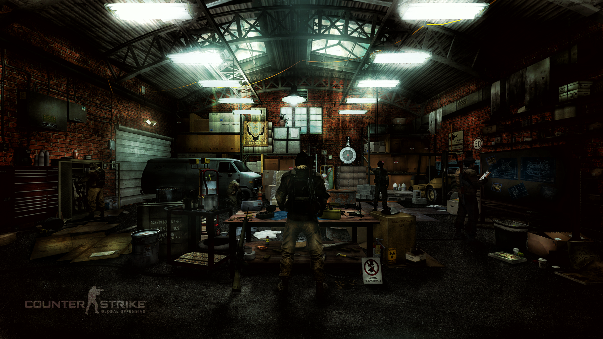 An HD desktop wallpaper showcasing a dimly lit warehouse scene from the video game Counter-Strike: Global Offensive, with several characters preparing for action amidst various equipment and supplies.