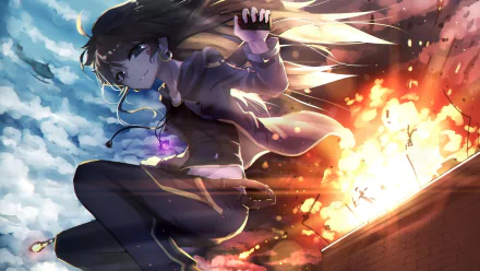 HD PC desktop wallpaper featuring an anime character from Tian Ling Qian Ye in dynamic action, vibrant flames, and a dramatic sky, inspired by Pixiv Fantasia T.