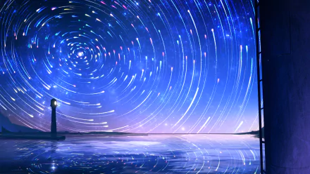 Starry night sky with swirling stars over a tranquil sea, featuring an anime-style art. A lighthouse stands on the left horizon. HD desktop wallpaper and background.