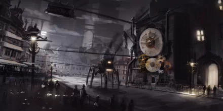 HD desktop wallpaper featuring a steampunk sci-fi city at night, with a giant clock and a towering spider-like robot in the background.