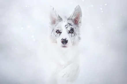 HD wallpaper of a white dog with a spotted muzzle and pointy ears, surrounded by a snowy background.